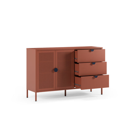 A mid-century modern sideboard cabinet in terracotta rust, featuring two  doors on the left and three stacked drawers on the right, shown on a white background.