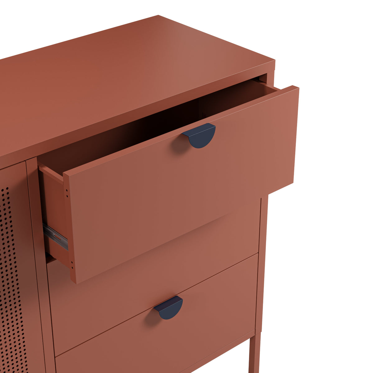 A terracotta-colored metal cabinet with two drawers, one of which is open, featuring dark blue semi-circular drawer pulls against a white background.