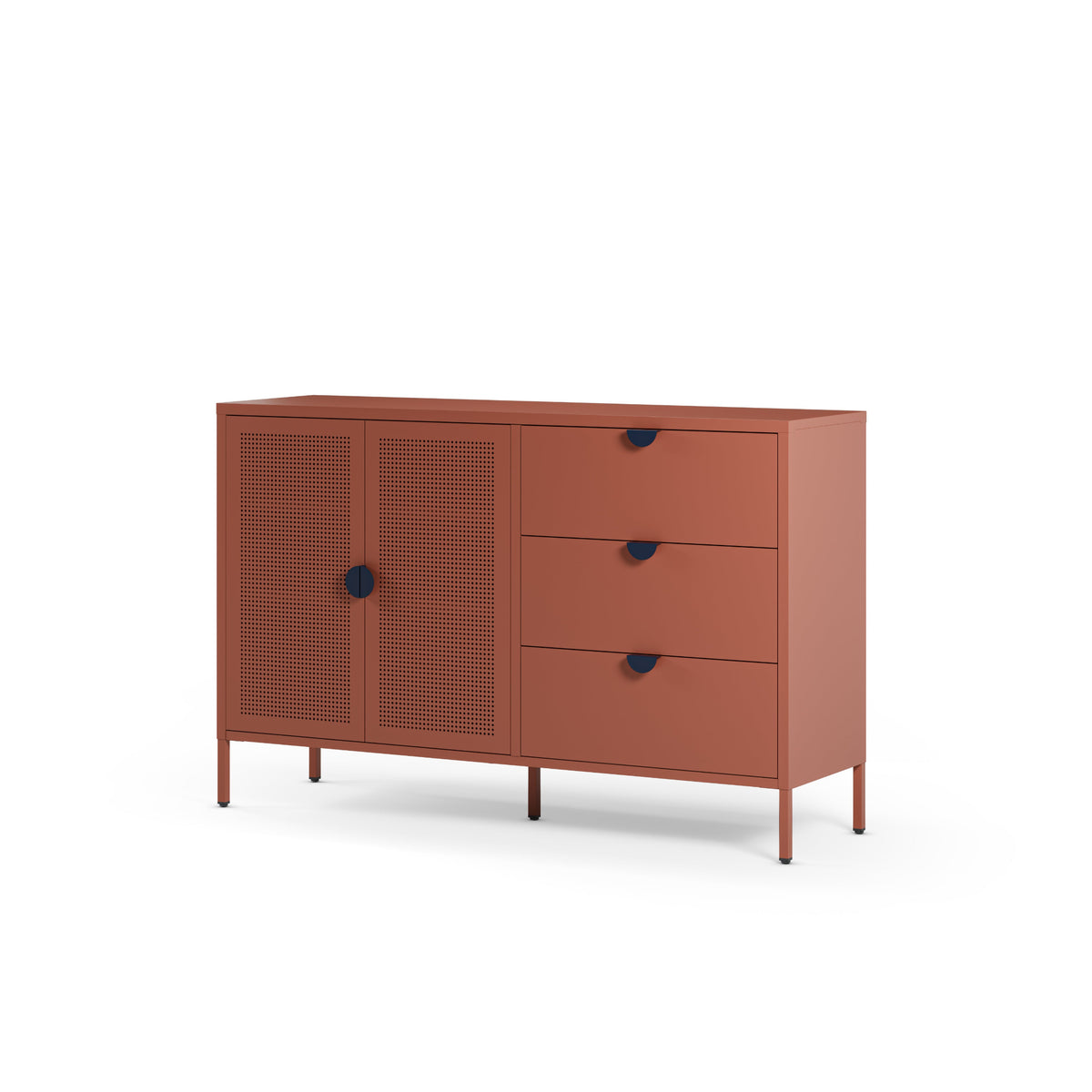 A modern terracotta-colored storage cabinet with two  doors and three drawers, featuring small dark blue round knobs and legs, shown on a plain white background.