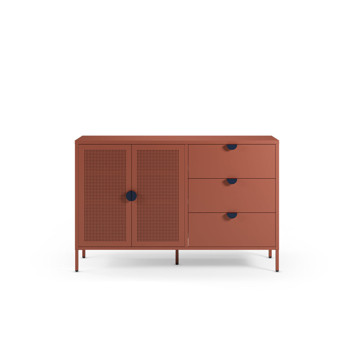 A mid-century modern sideboard cabinet in terracotta rust, featuring two cane-screen doors on the left and three drawers on the right, accented with dark navy round knobs and legs.