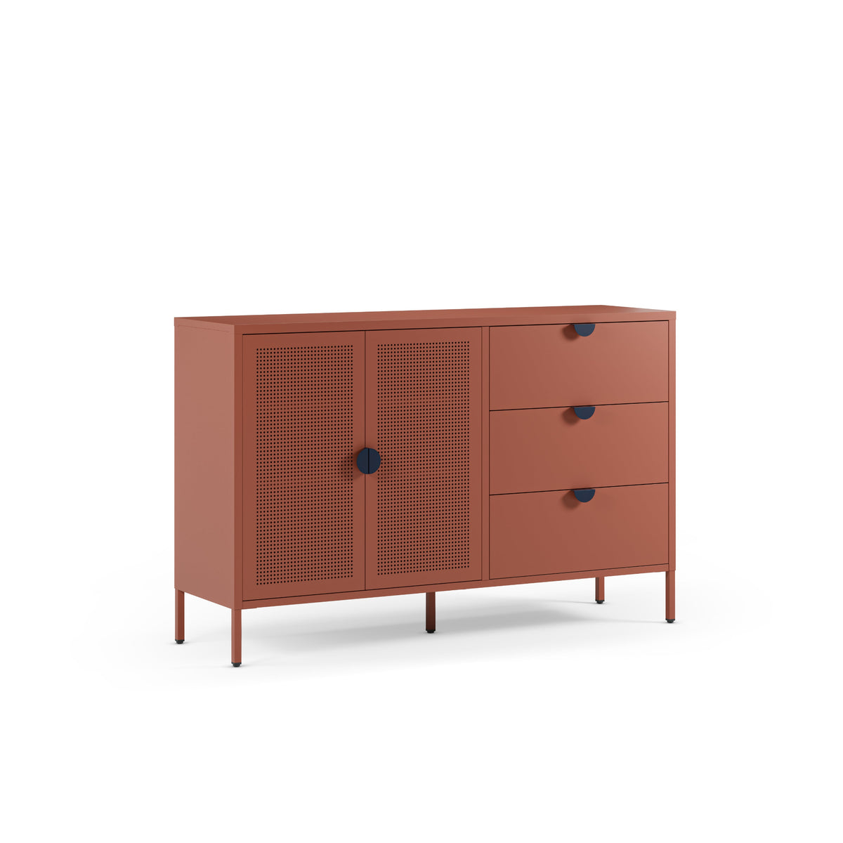 A mid-century modern sideboard cabinet in terracotta rust, featuring two cane-screen doors on the left and three drawers on the right, with dark blue round knobs and legs, shown on a white background.