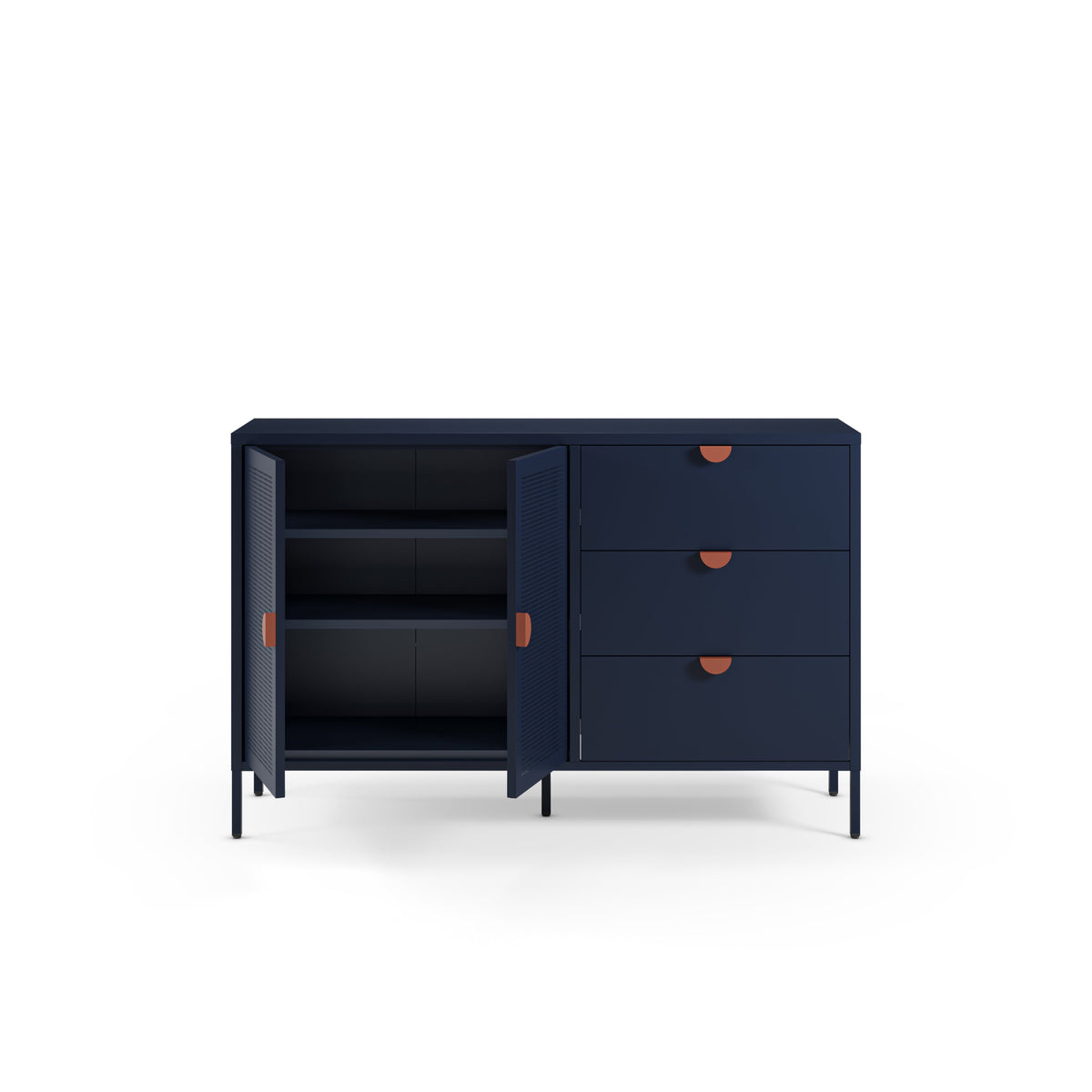 A modern navy blue sideboard cabinet with three drawers on the right, an open door on the left showing shelves inside, and small round copper-colored pulls, set against a plain white background.