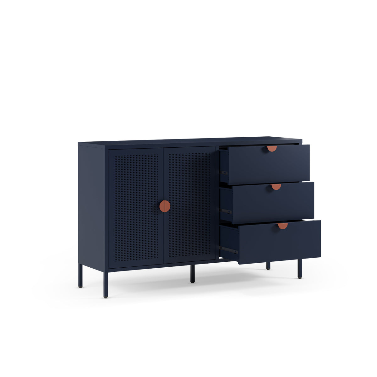 A modern navy blue sideboard cabinet with a woven cane front, three drawers on the right, and small round copper-toned knobs, shown on a white background.