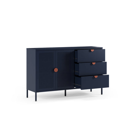 A modern navy blue sideboard cabinet with a woven cane front, three drawers on the right, and small round copper-toned knobs, shown on a white background.
