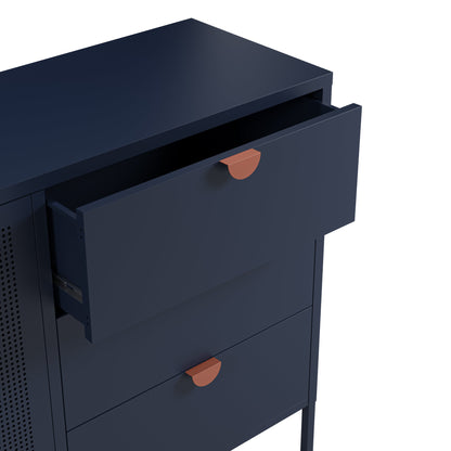 A close-up of a navy blue metal cabinet with two drawers, one of which is slightly open, featuring distinctive copper-colored semi-circular handles against a white background.