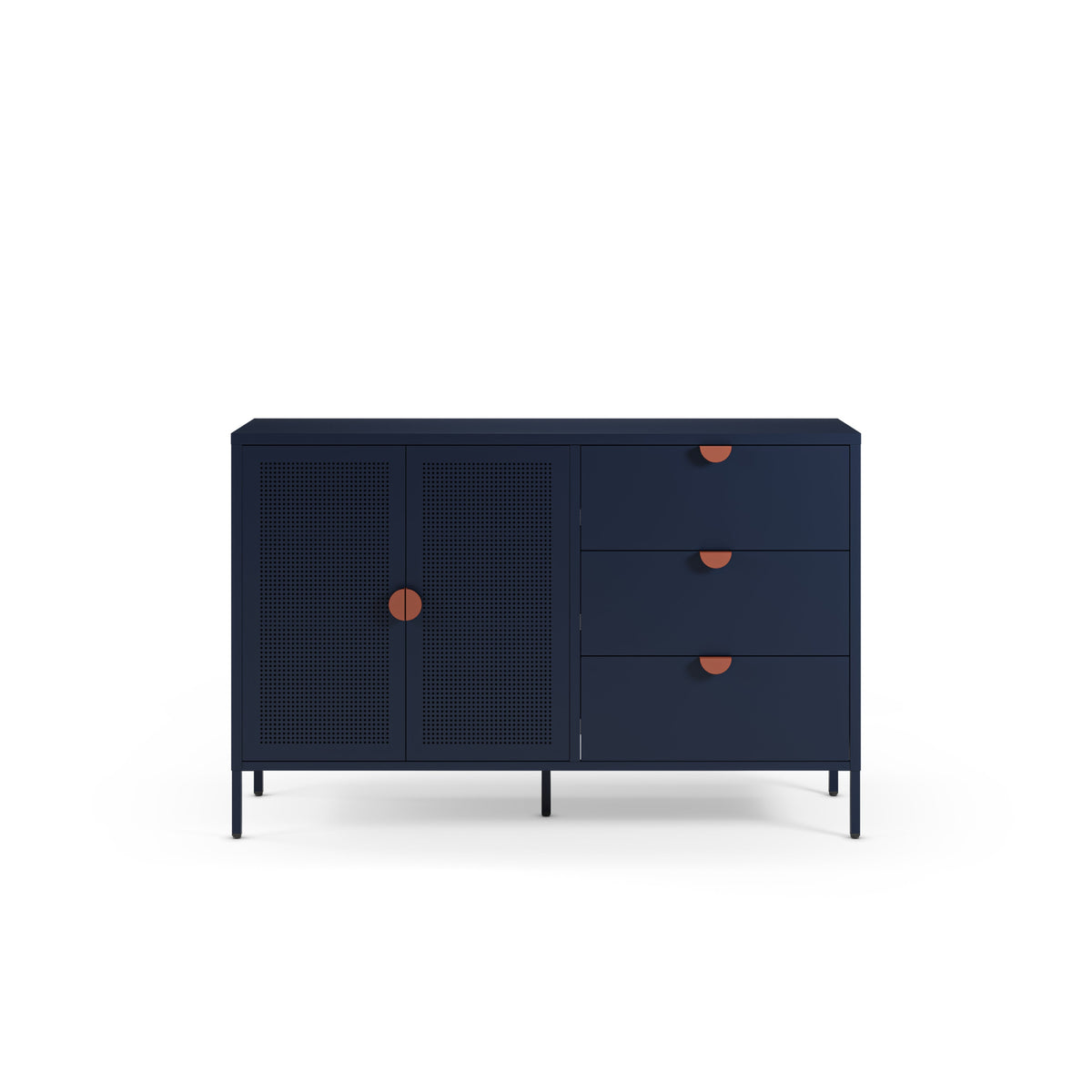 A modern navy blue sideboard cabinet with a mix of solid drawer fronts and doors, accented with small round copper-colored pulls, shown on a plain white background.
