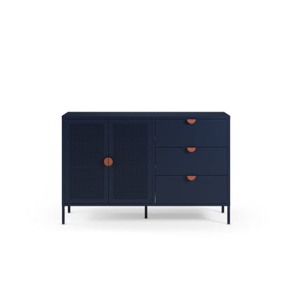 A modern navy blue sideboard cabinet with a mix of solid drawer fronts and doors, accented with small round copper-colored pulls, shown on a plain white background.
