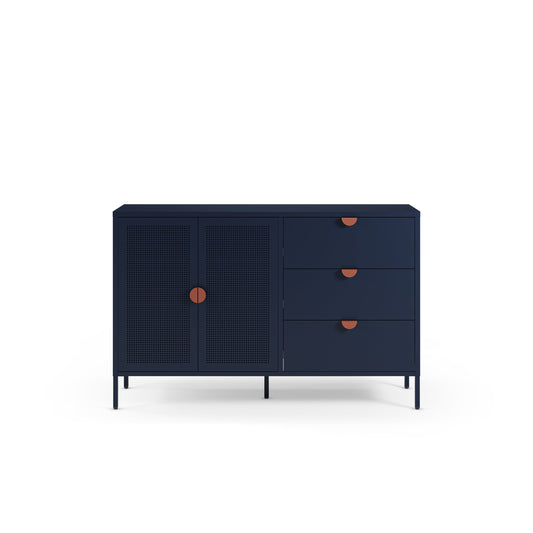 A modern navy blue sideboard cabinet with a mix of solid drawer fronts and doors, accented with small round copper-colored pulls, shown on a plain white background.