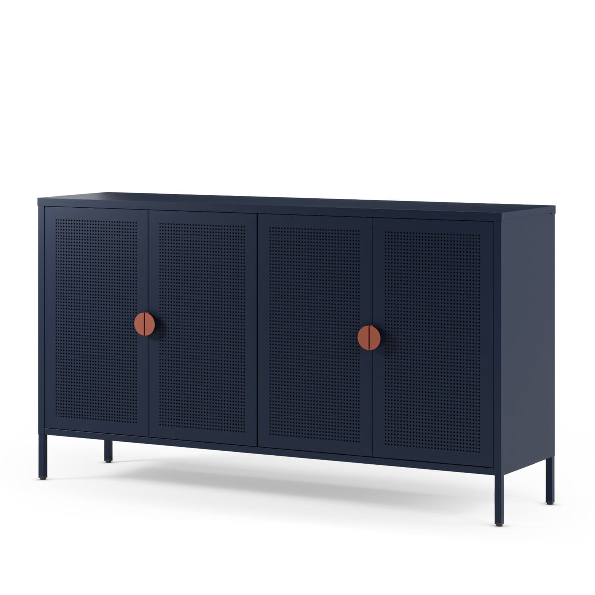 A navy blue sideboard cabinet with four perforated cane doors and round copper-toned knobs, shown on a clean white background.