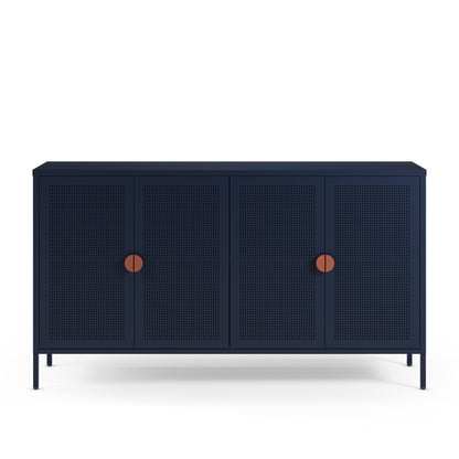 A modern navy blue sideboard or credenza with four perforated doors and two round copper-toned handles, shown against a plain white background.