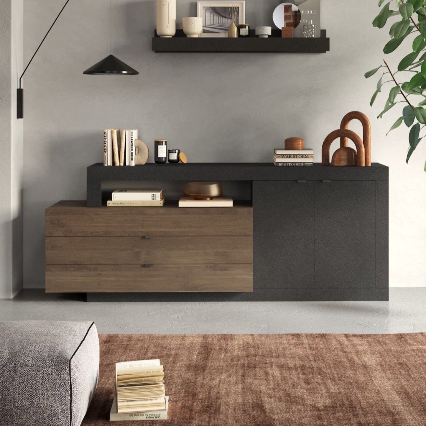 Forenza Sideboard, Two Doors, Three Drawers - Lava Brown and Dark Oak Finish