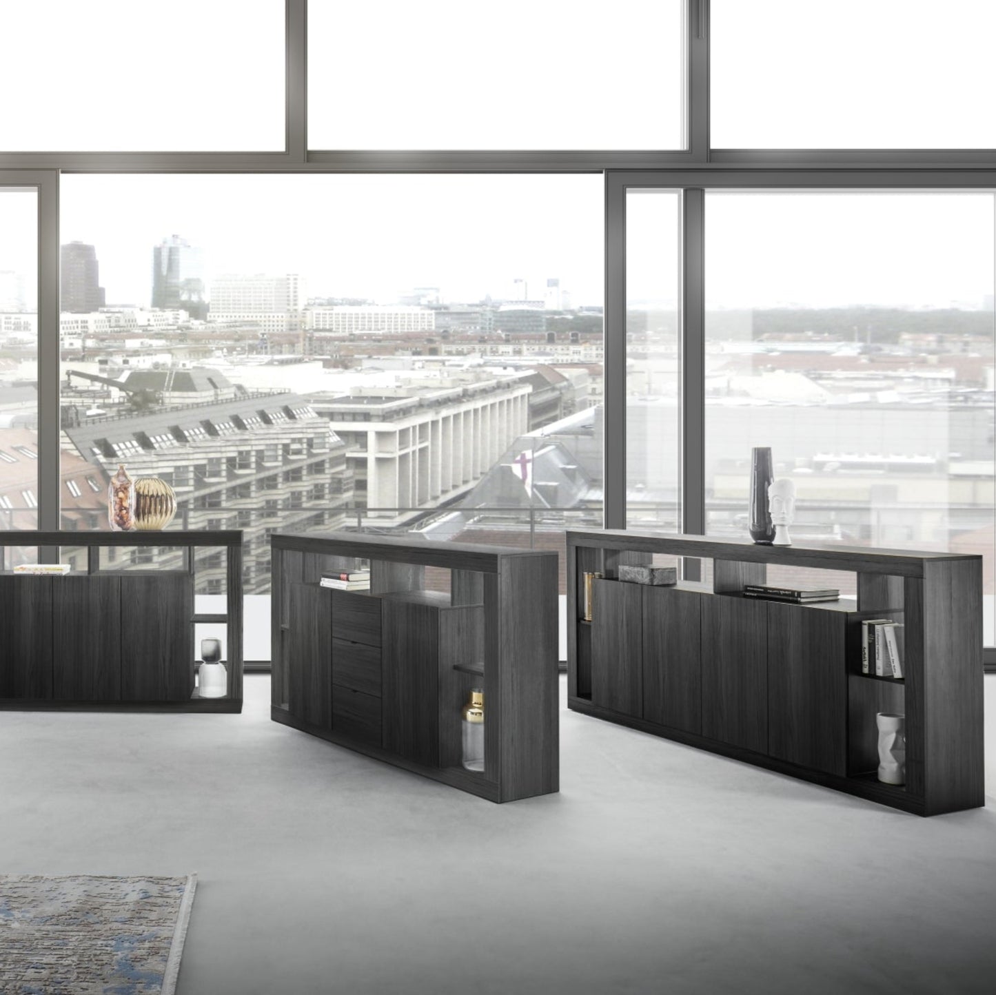 Rolo Sideboard, Two Doors, Three Drawers - Black Ash Finish