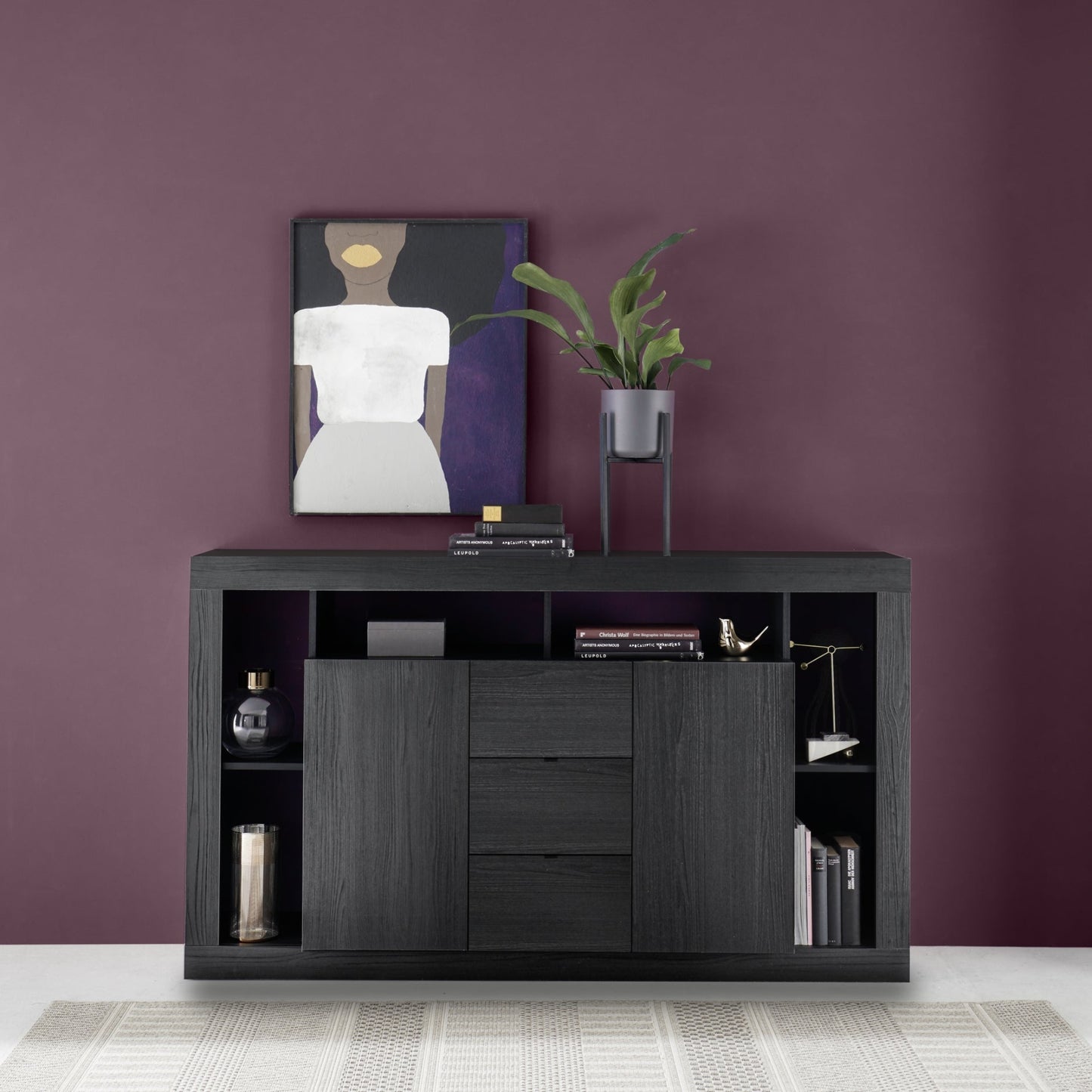 Rolo Sideboard, Two Doors, Three Drawers - Black Ash Finish