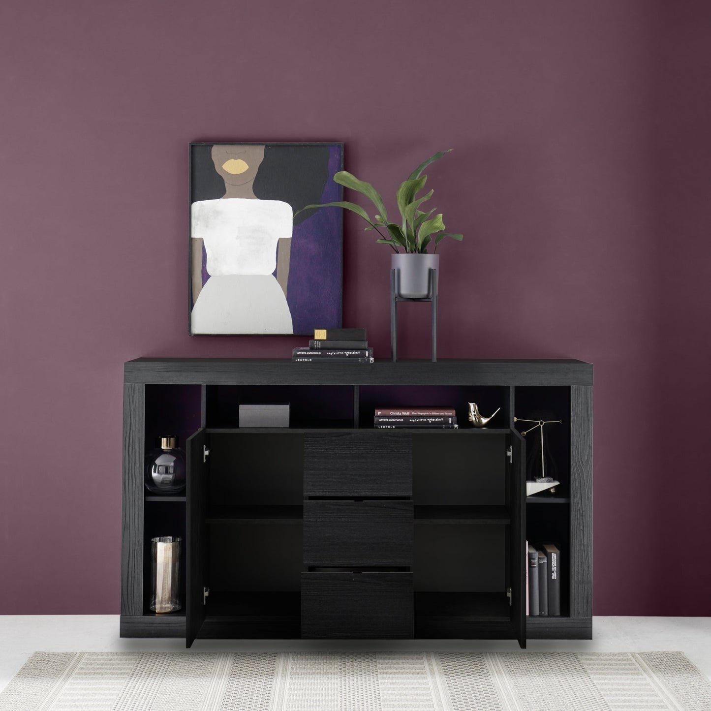 Rolo Sideboard, Two Doors, Three Drawers - Black Ash Finish