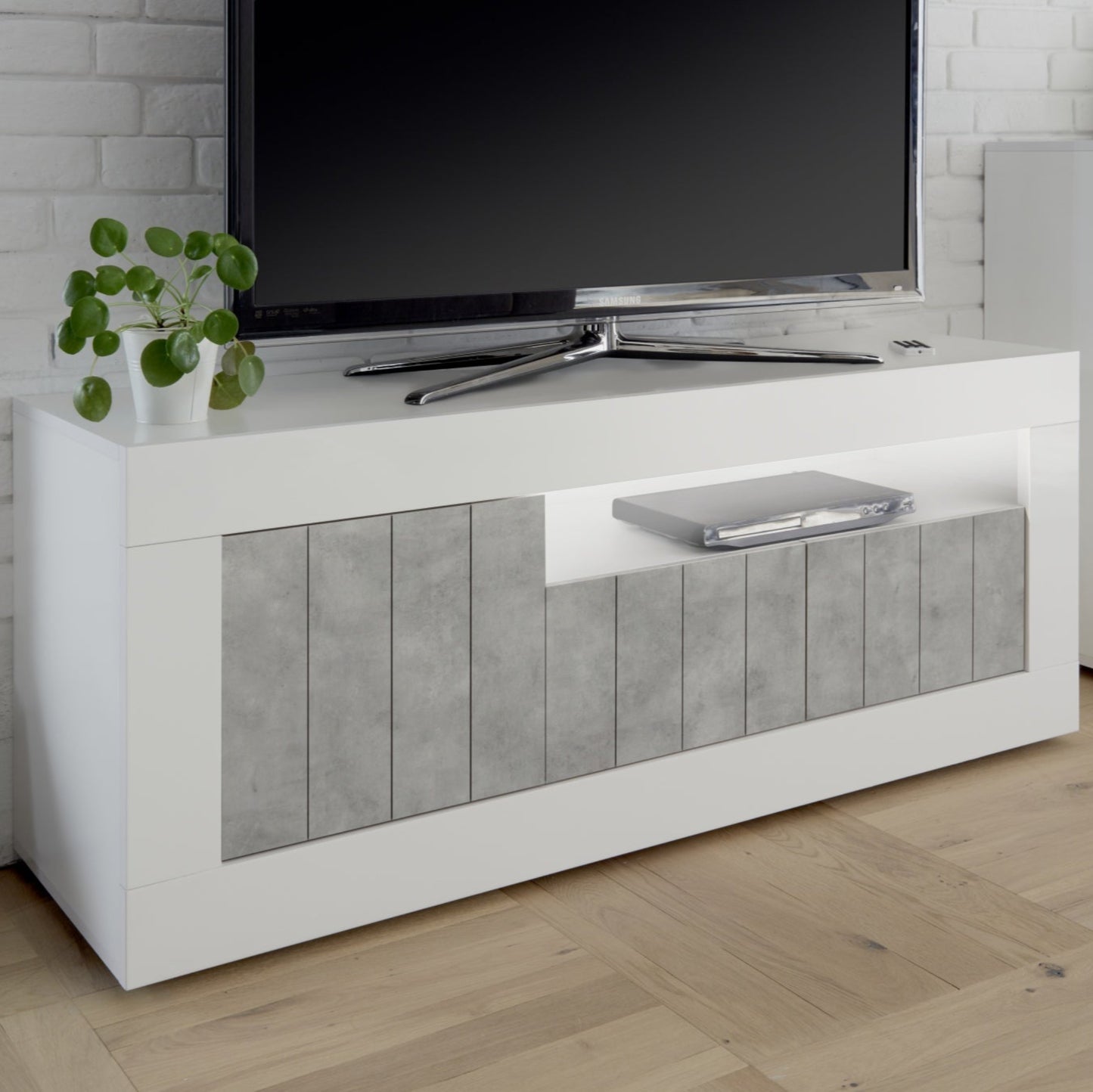 Como TV Stand, Three Doors, AV Storage - Gloss White and Grey Finish