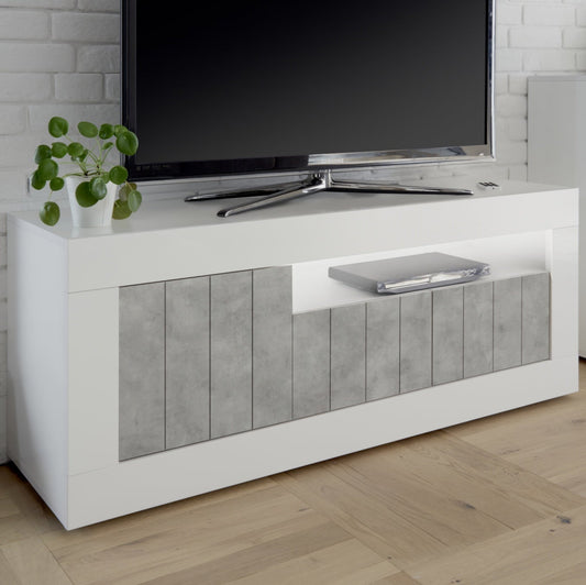 Como TV Stand, Three Doors, AV Storage - Gloss White and Grey Finish