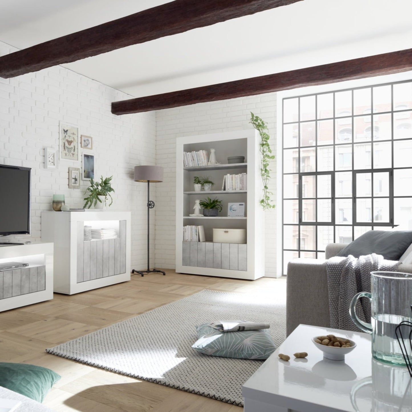 Como Bookcase, Two Doors - White Gloss and Grey Finish