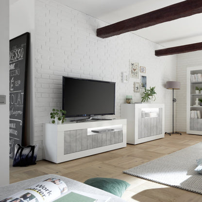 Como TV Stand, Three Doors, AV Storage - Gloss White and Grey Finish