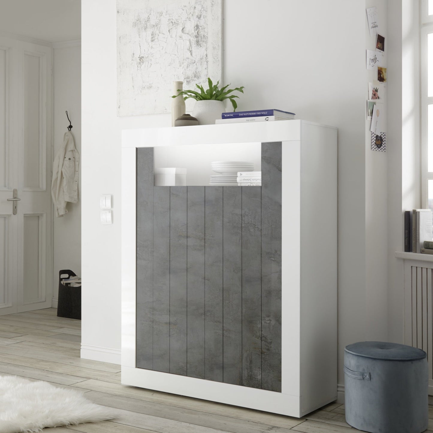 Como High Sideboard, Two Doors, AV Storage - Gloss White and Anthracite Finish