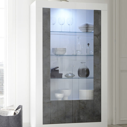 Como Display Cabinet, Two Glass Doors, Optional LED Spotlight  -  White Gloss and Anthracite Finish