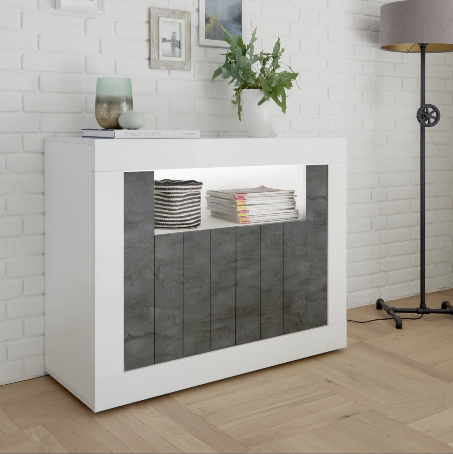Como Sideboard, Two Door, AV Storage - Gloss White and Anthracite Finish