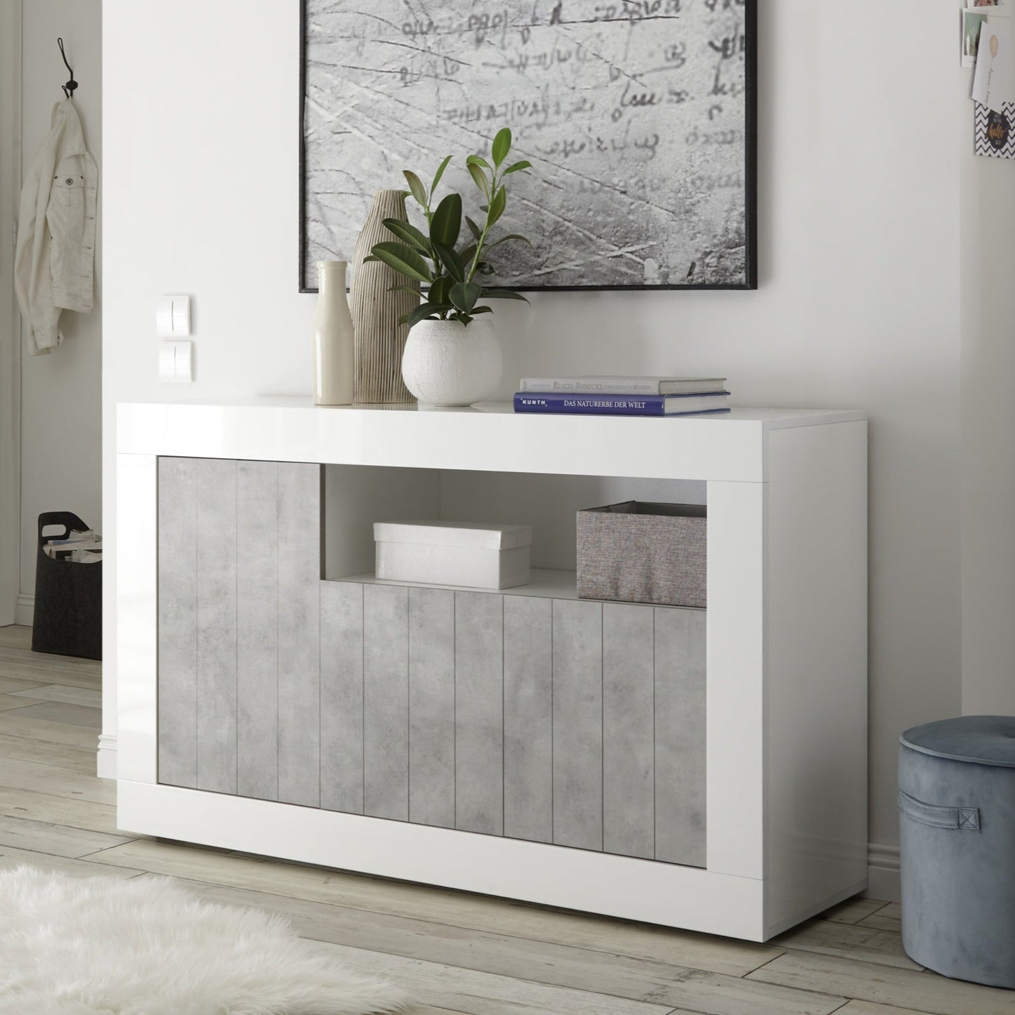 Como Sideboard, Three Door, AV Storage - Gloss White and Grey Finish