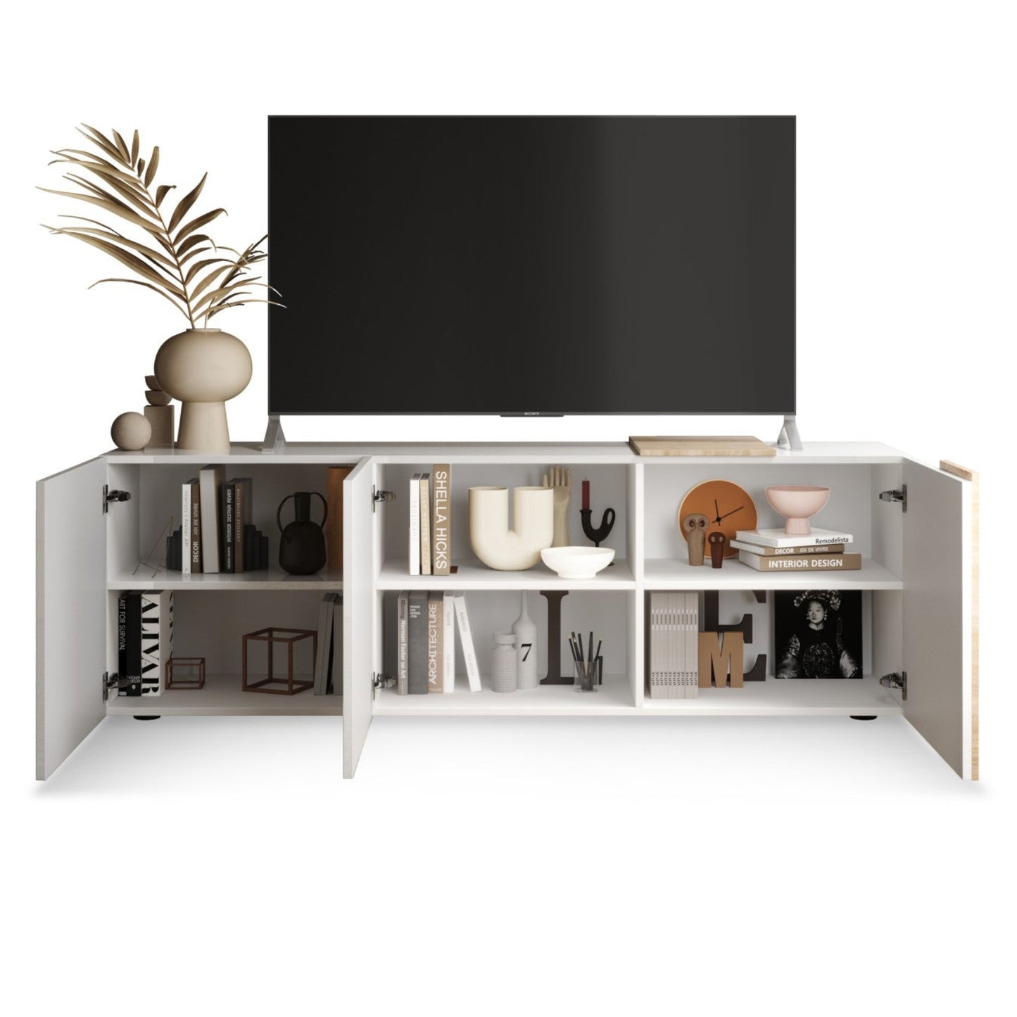 Vinovo TV Stand, Three Doors - White Gloss and Light Oak Finish