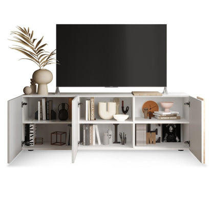 Vinovo TV Stand, Three Doors - White Gloss and Light Oak Finish
