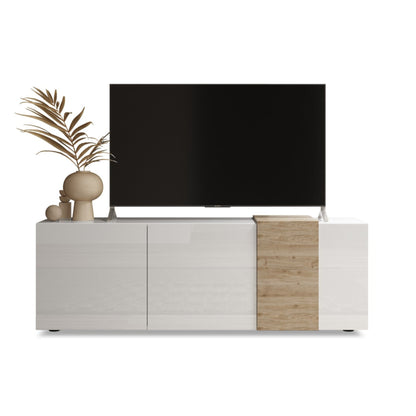 Vinovo TV Stand, Three Doors - White Gloss and Light Oak Finish