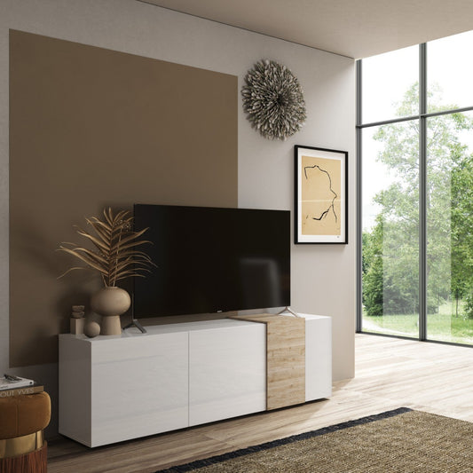 Vinovo TV Stand, Three Doors - White Gloss and Light Oak Finish