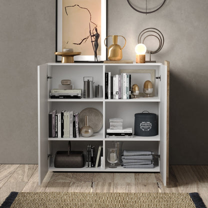 Vinovo High Sideboard, Two Doors - White Gloss and Light Oak Finish