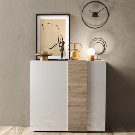 Vinovo High Sideboard, Two Doors - White Gloss and Light Oak Finish