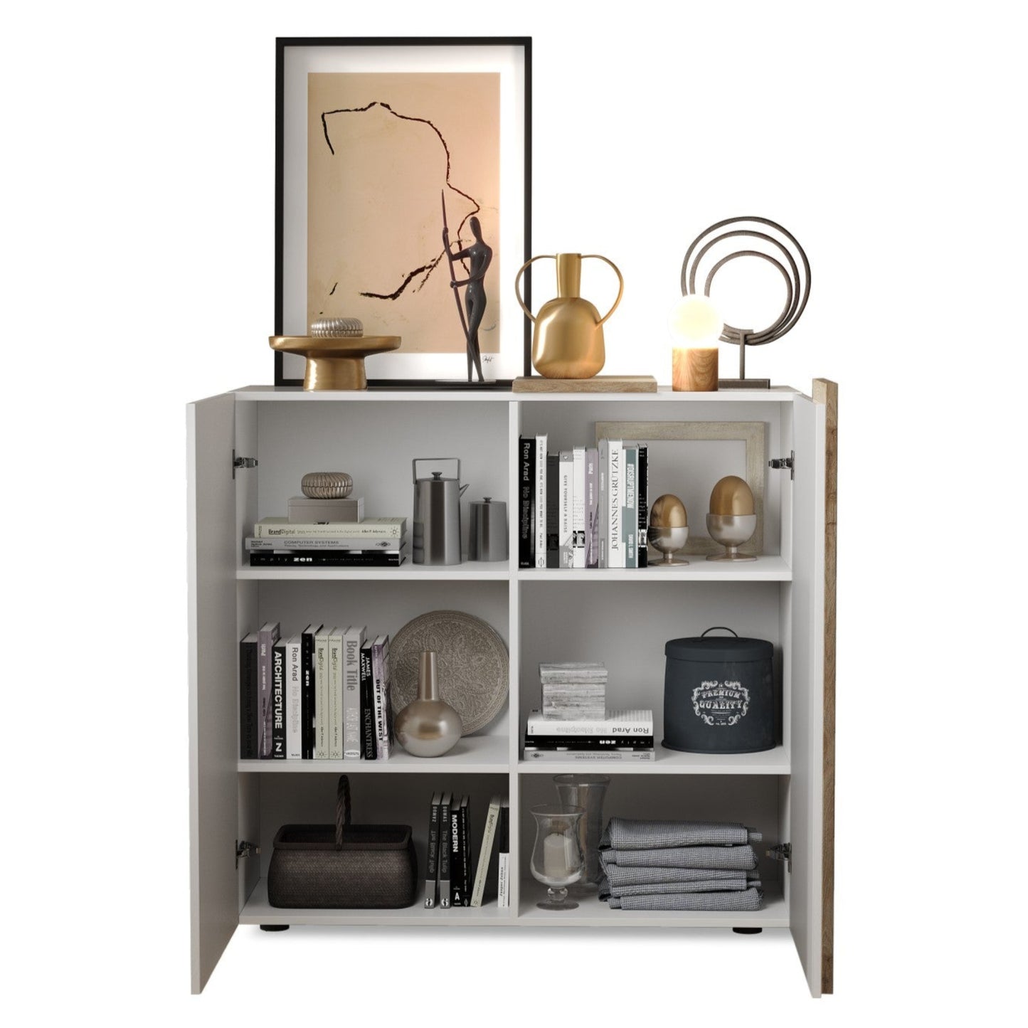 Vinovo High Sideboard, Two Doors - White Gloss and Light Oak Finish