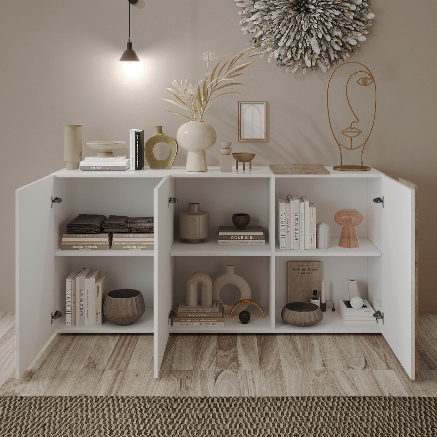Vinovo Sideboard, Three Doors - Gloss white and Light Oak Finish