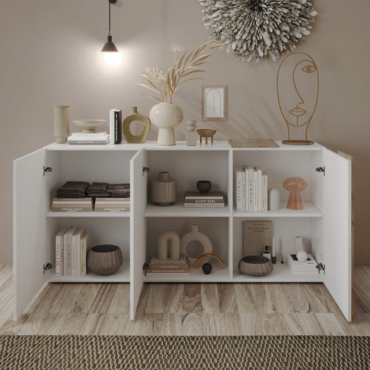 White cabinet with decorative items against a beige wall