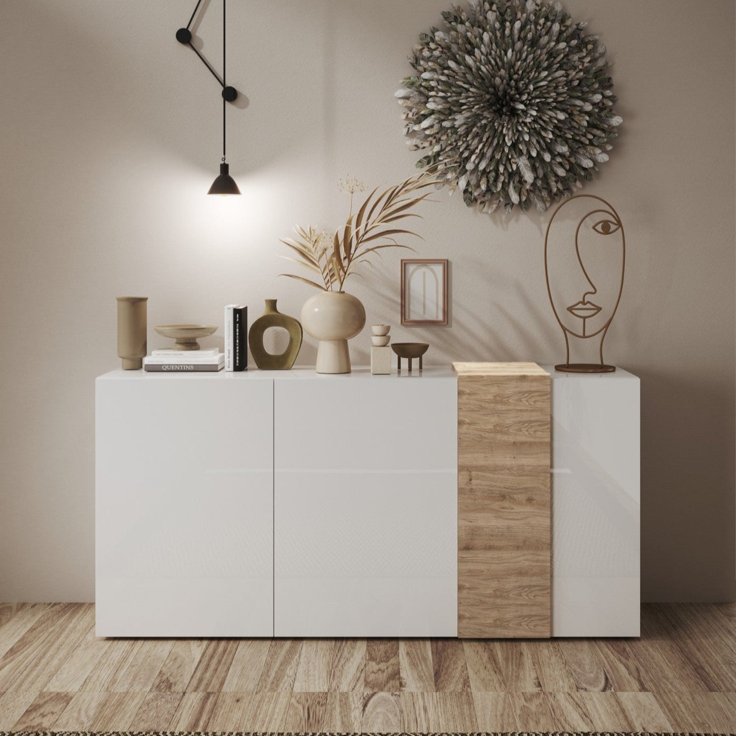 Vinovo Sideboard, Three Doors - Gloss white and Light Oak Finish
