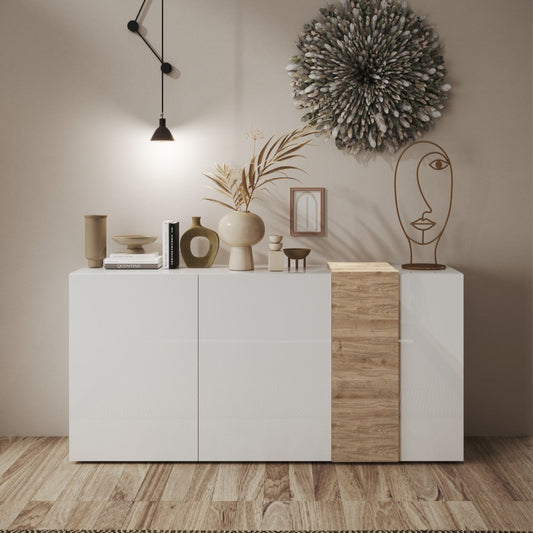 Vinovo Sideboard, Three Doors - Gloss white and Light Oak Finish