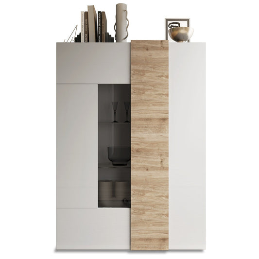 Modern cabinet with white and wood finish on a white background