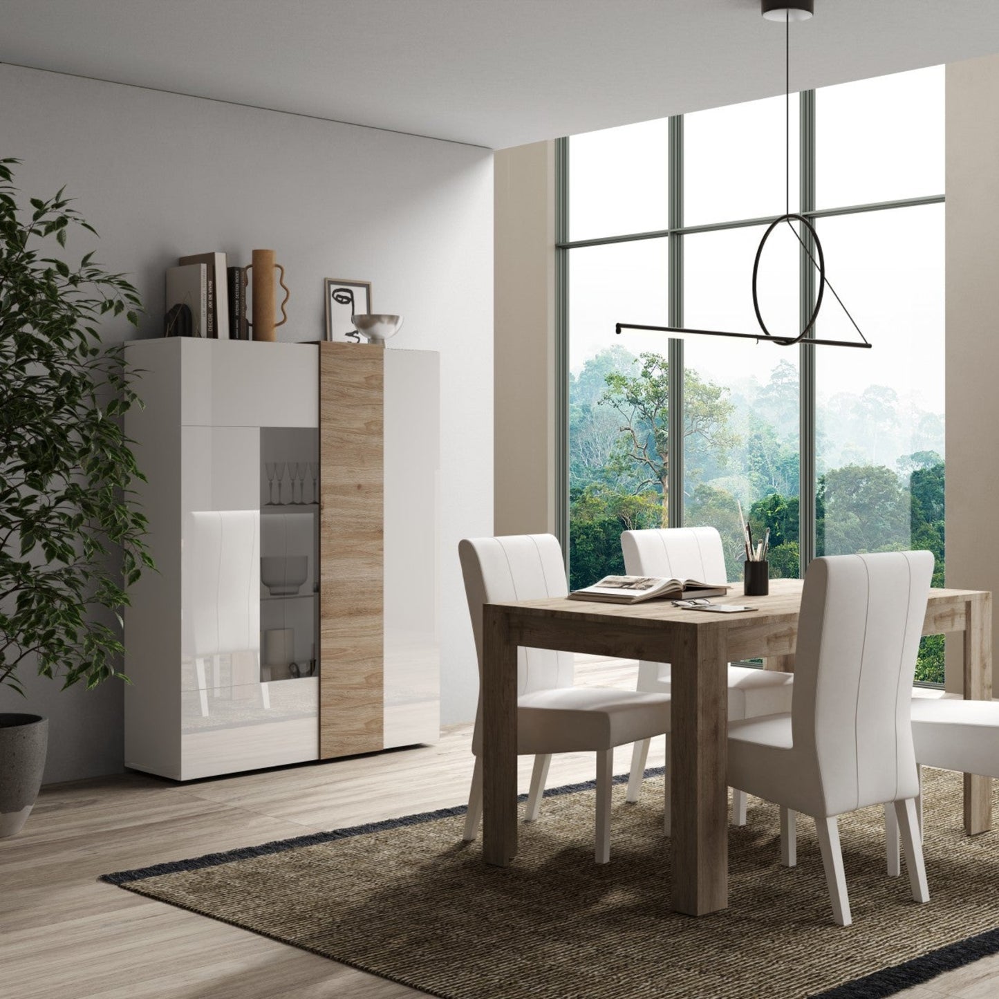 Vinovo Display Cabinet, Two Doors - White Gloss and Light Oak Finish