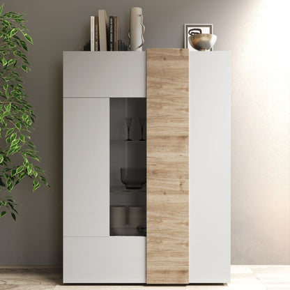 Vinovo Display Cabinet, Two Doors - White Gloss and Light Oak Finish