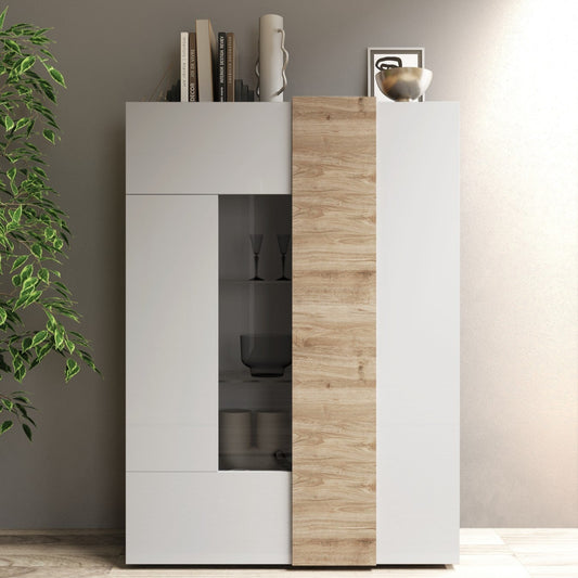Vinovo Display Cabinet, Two Doors - White Gloss and Light Oak Finish