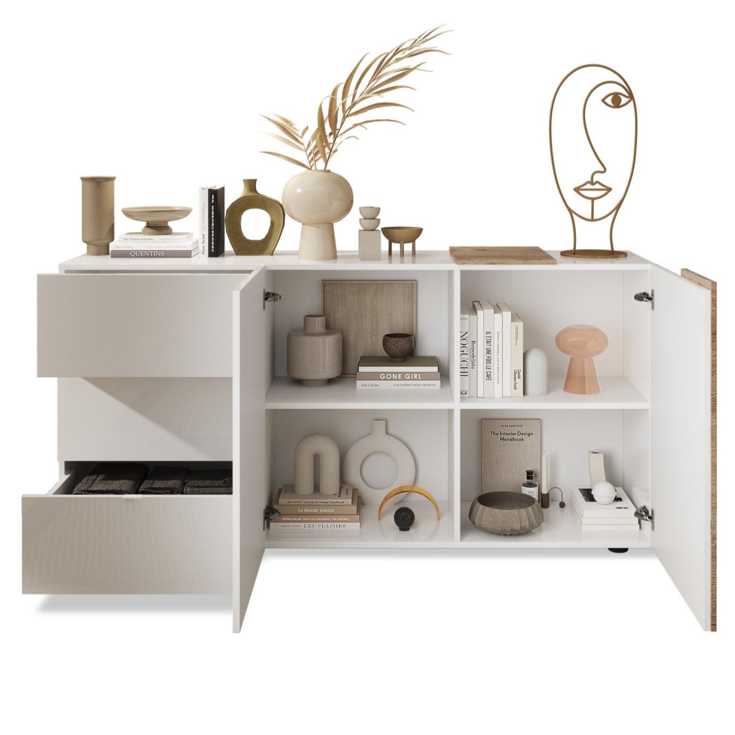 Vinovo Sideboard, Two Doors, Three Drawers - Gloss White and Light Oak Finish
