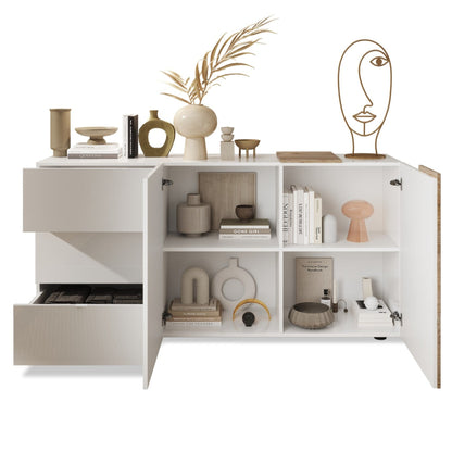 Vinovo Sideboard, Two Doors, Three Drawers - Gloss White and Light Oak Finish