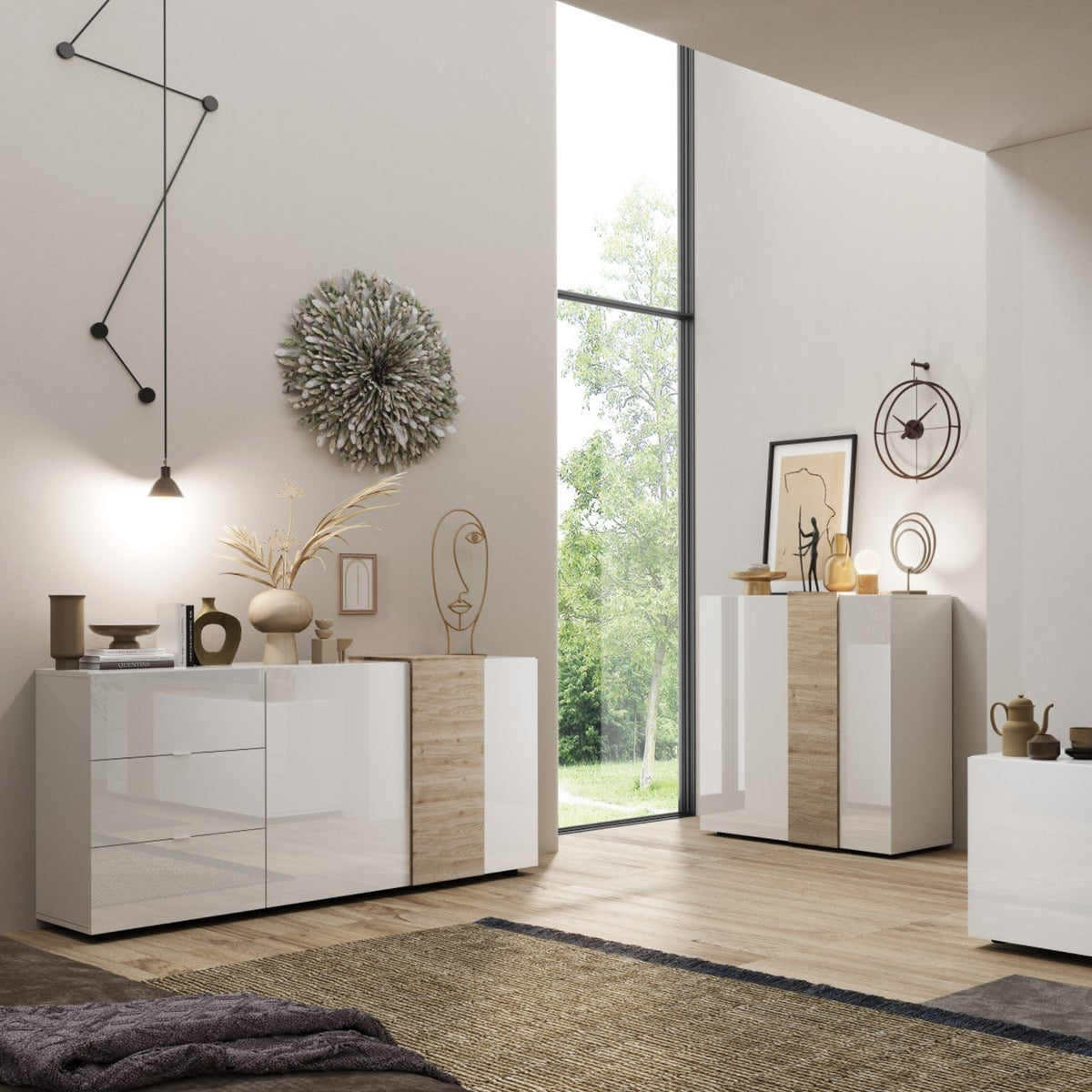Modern living room with white and wood furniture, TV, and decor.