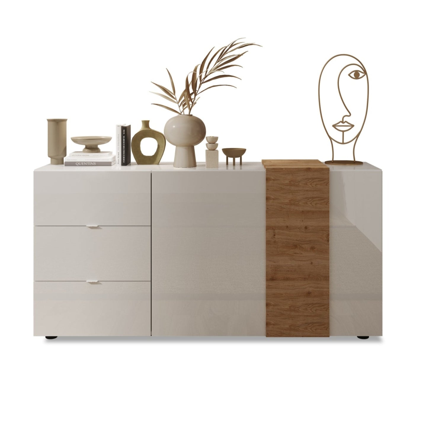 Vinovo Sideboard, Two Doors, Three Drawers - Gloss White and Light Oak Finish