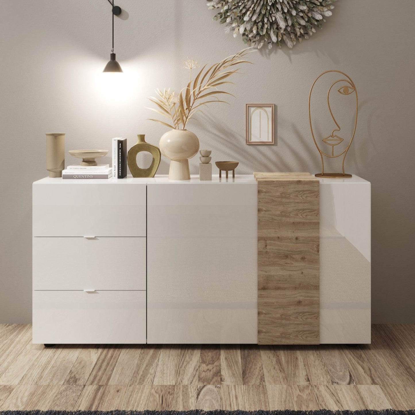Vinovo Sideboard, Two Doors, Three Drawers - Gloss White and Light Oak Finish
