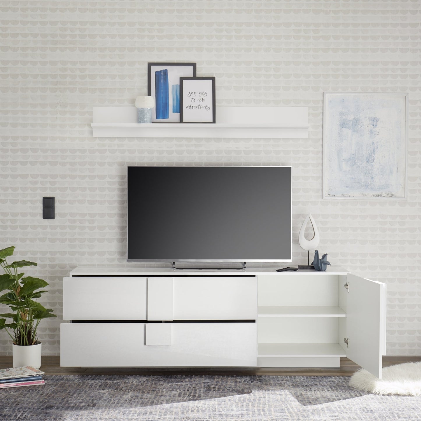 Jesolo Low Sideboard, One Door, Two Drawers - Gloss White Finish