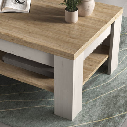 Capri Rectangular Coffee Table with Shelf - Ivory & Natural Oak Finish