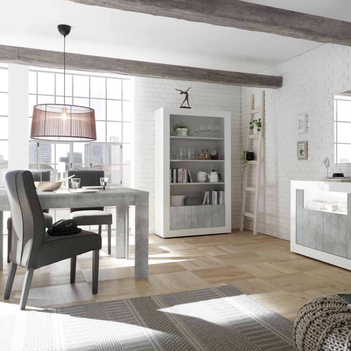 Como Bookcase, Two Doors - White Gloss and Grey Finish
