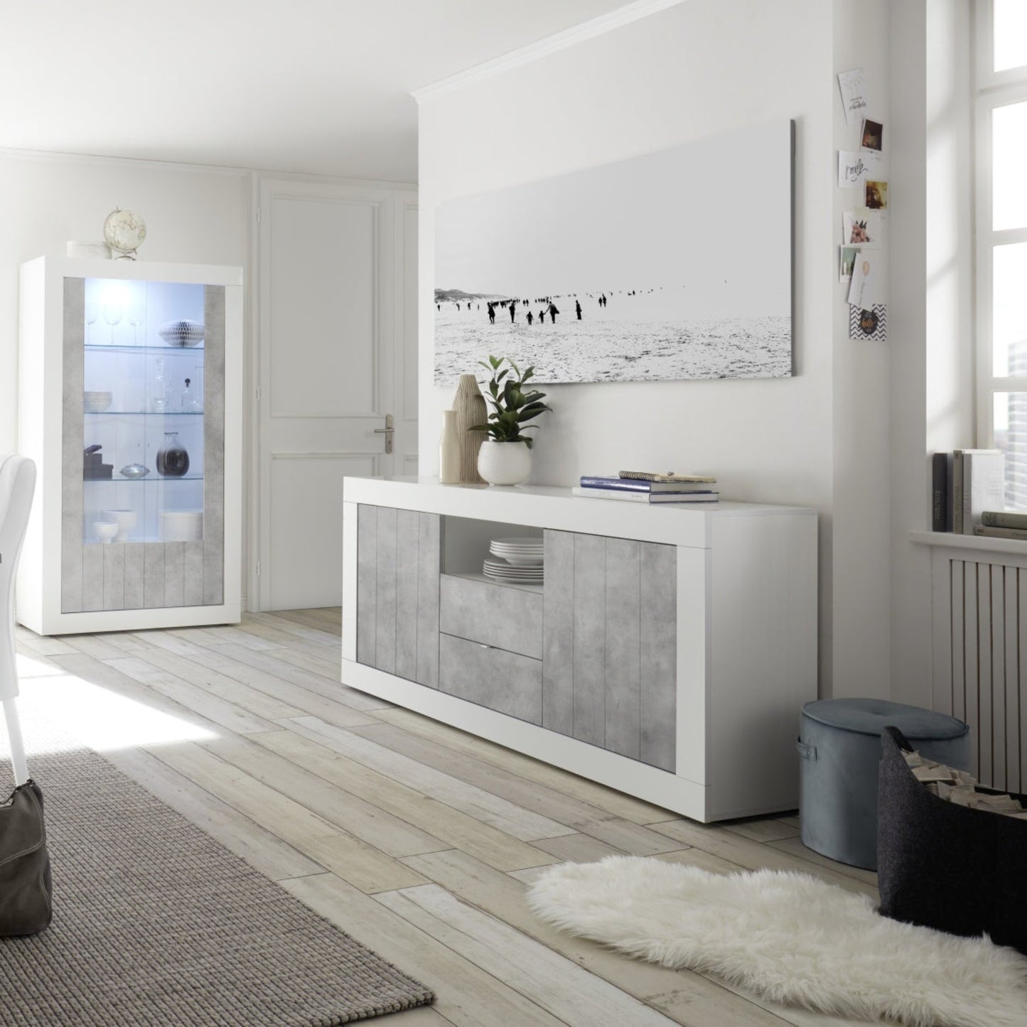 Como Sideboard, Two Door, Two Drawer, AV Storage - Gloss White and Grey Finish